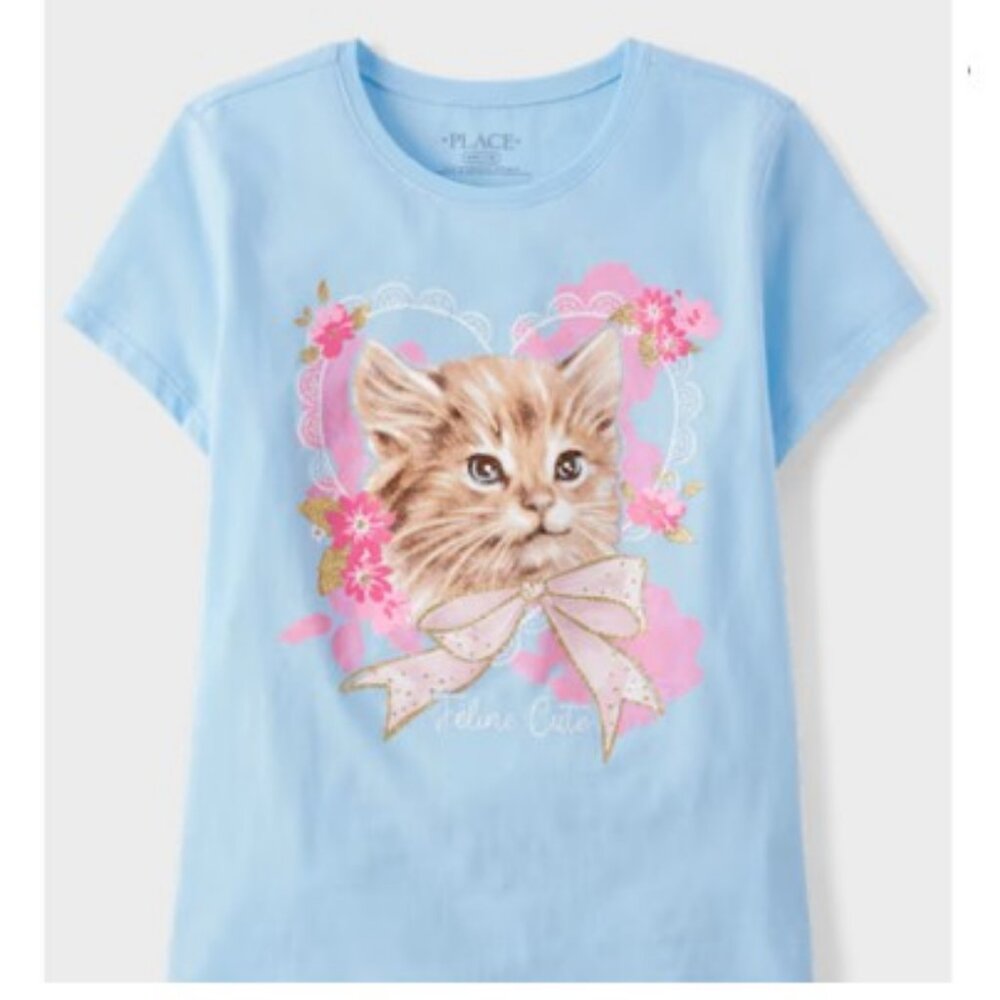 Light Blue “Feline Cute” Kitty Short Sleeve Graphic Tee (Large10/12) BRAND-NEW!